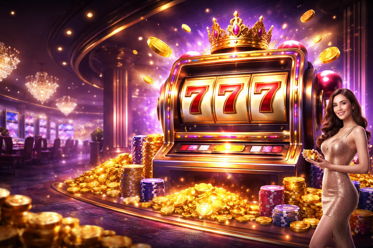 Máy đánh bạc đang quay với biểu tượng jackpot