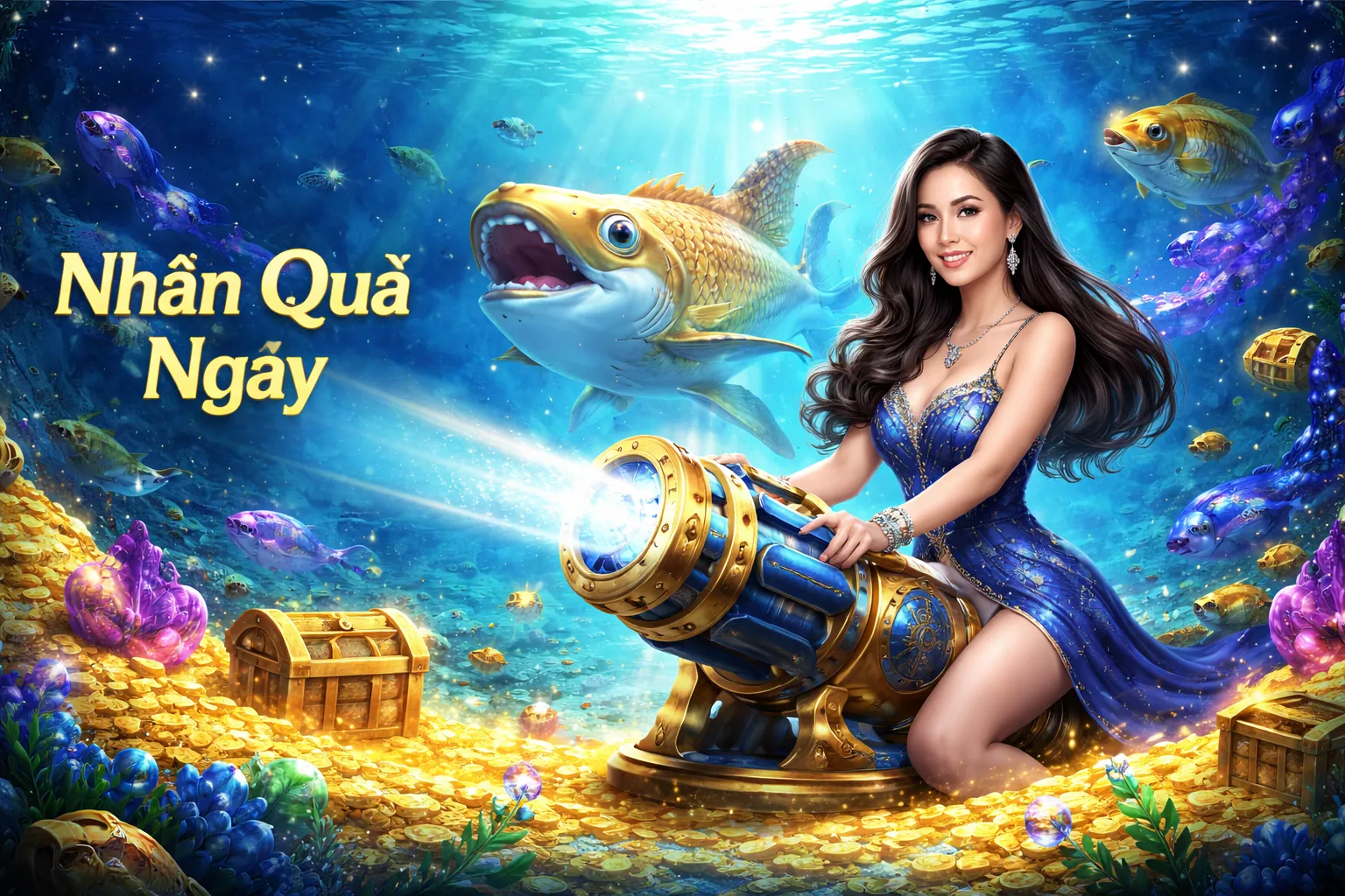 Hình ảnh game bắn cá MCW18 với cá vàng và vũ khí hiện đại